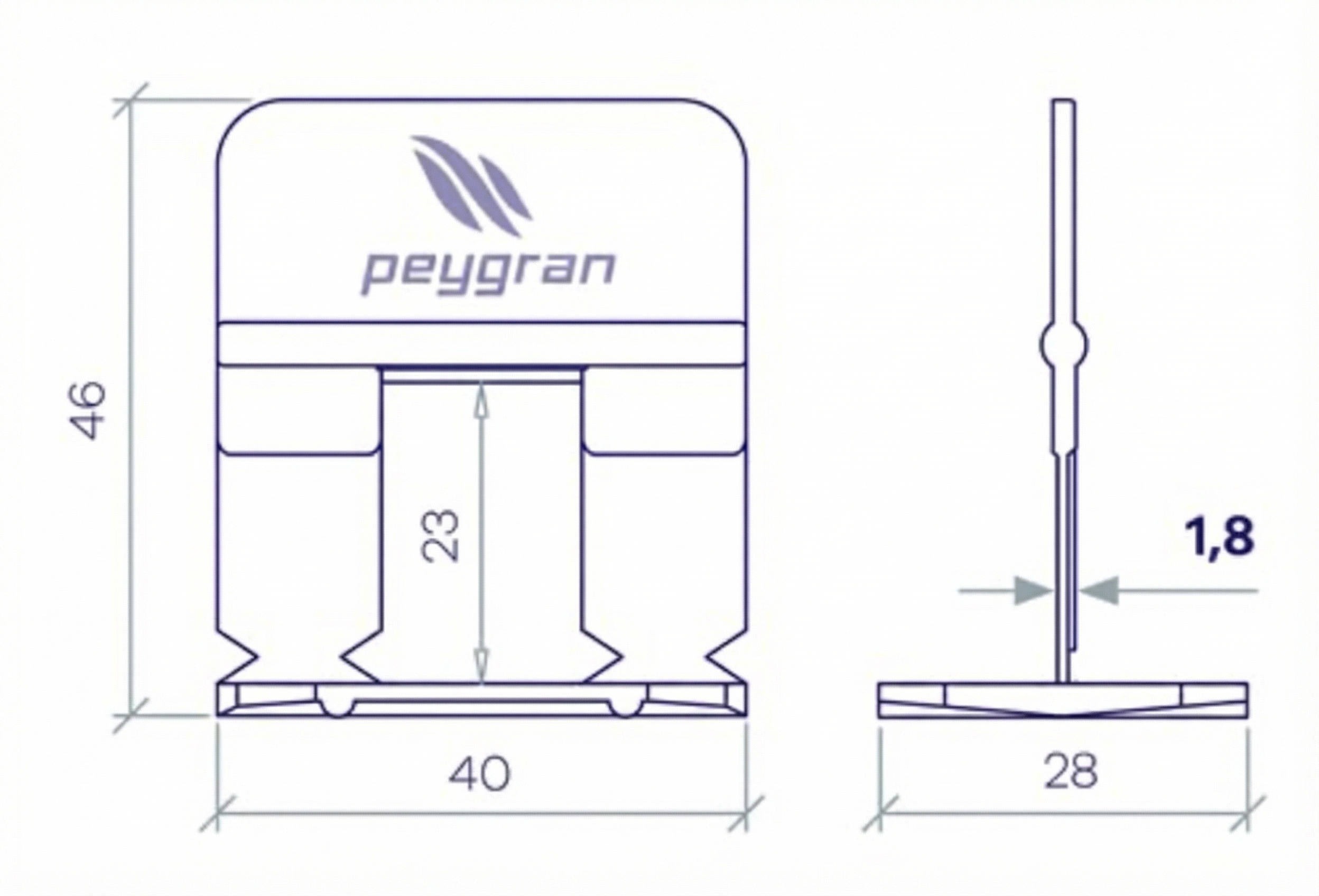 Technical drawing with dimensions of the Peygran Classic 2mm clip