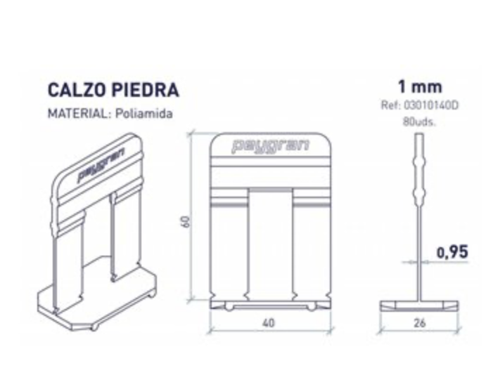 Technical drawing with dimensions of the Peygran Classic Stone 1mm clip (60x40mm, 0.95mm spacer)